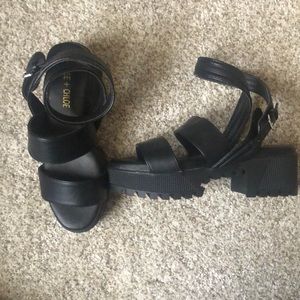 Never worn! Chunky black faux leather platform sandals!